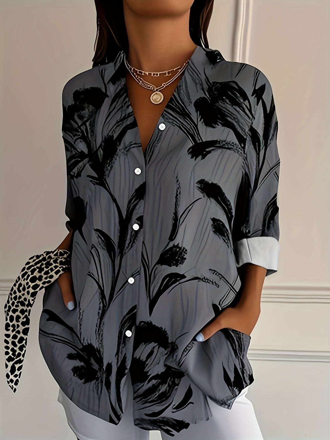 Selavynne - Blusa con Stampa Floreale a Maniche Lunghe