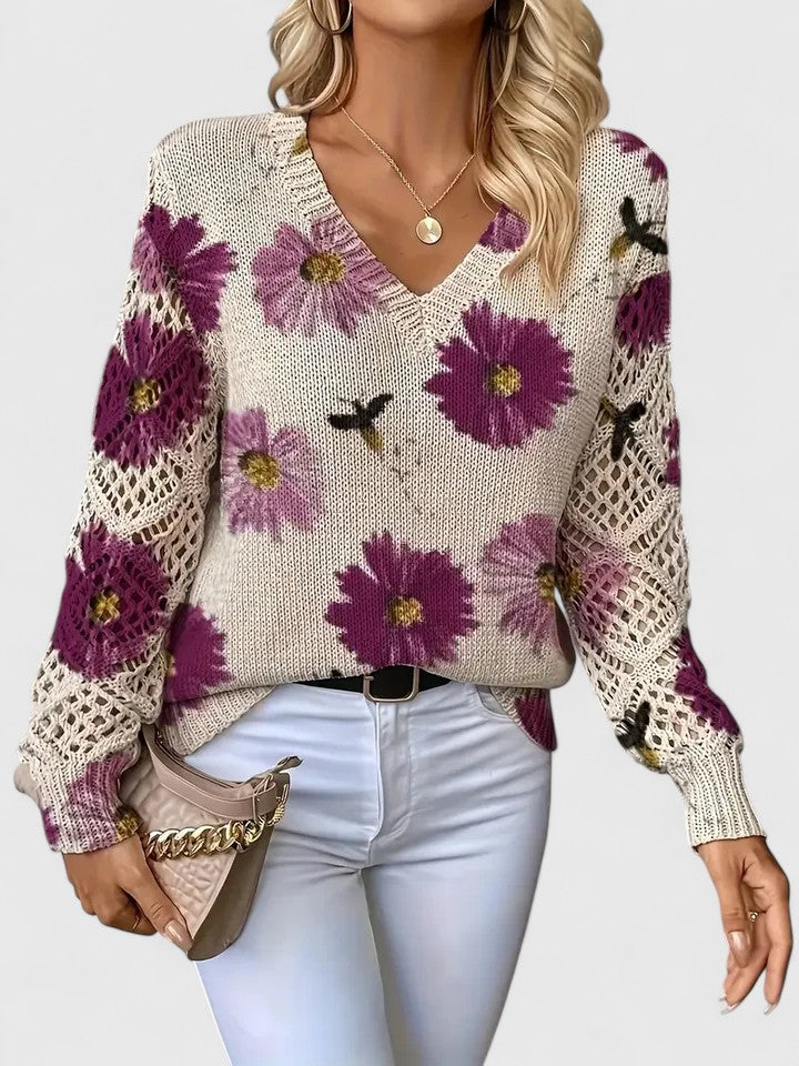LAUREN – MAGLIONE A V CON FIORI APERTI