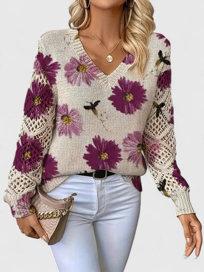 LAUREN – MAGLIONE A V CON FIORI APERTI