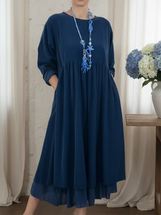 Prysavellea - Abito Midi Casual con Bordo Doppio e Caduta Fluida