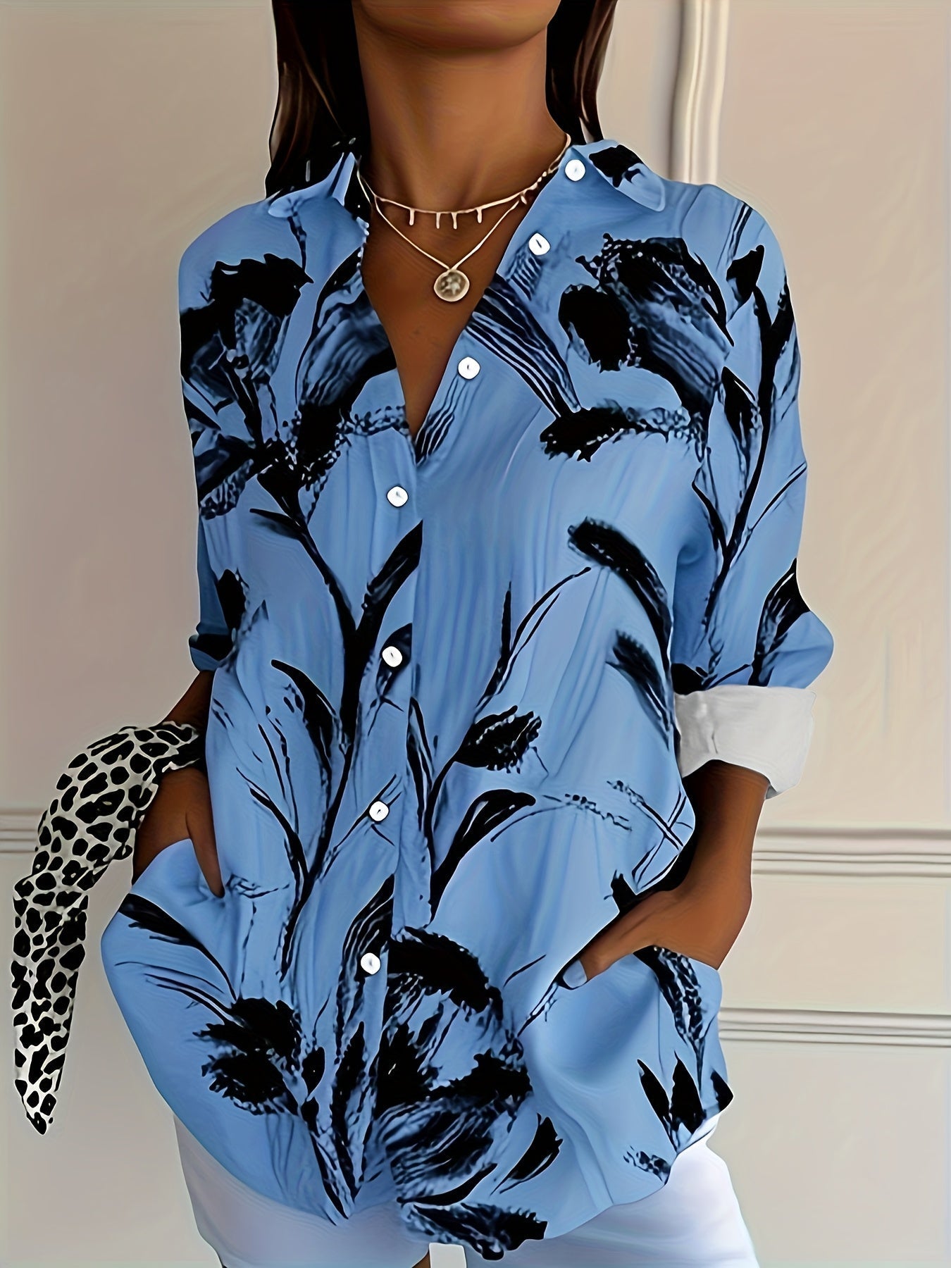 Selavynne - Blusa con Stampa Floreale a Maniche Lunghe