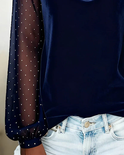 Lunavessia - Blusa Elegante con Collo Drappeggiato e Maniche Trasparenti