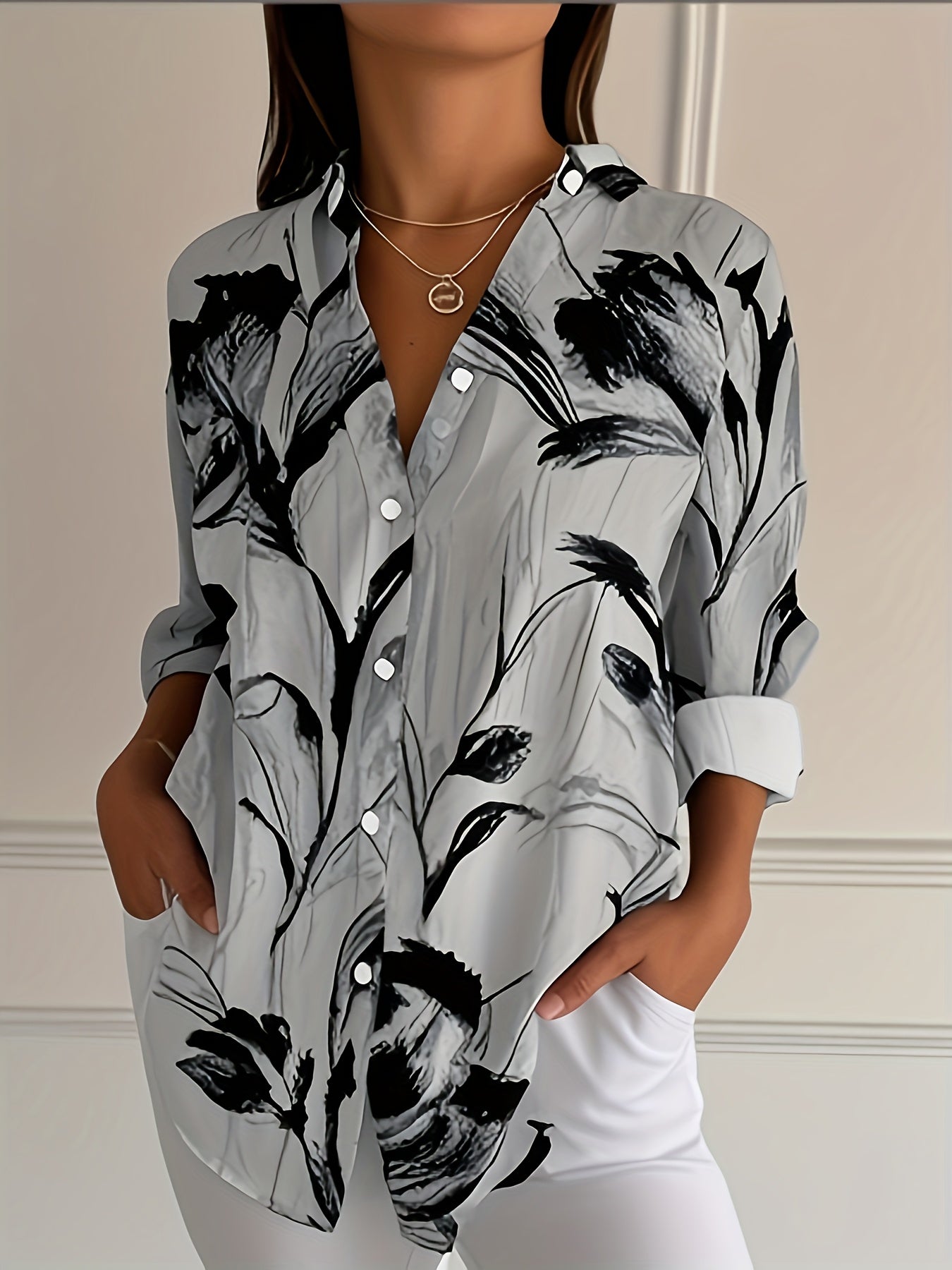 Selavynne - Blusa con Stampa Floreale a Maniche Lunghe