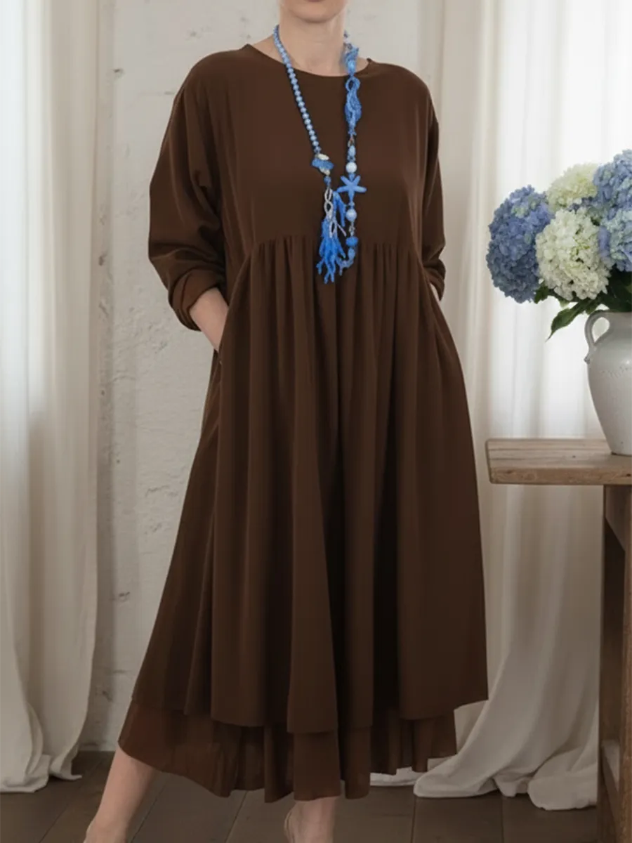 Prysavellea - Abito Midi Casual con Bordo Doppio e Caduta Fluida