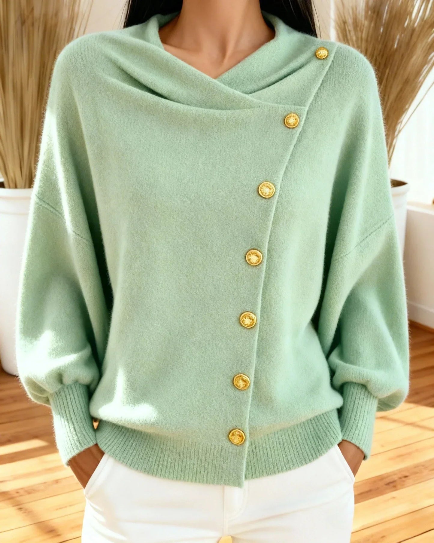 Isavellora - Maglione Elegante Drapé con Bottoni Dorati