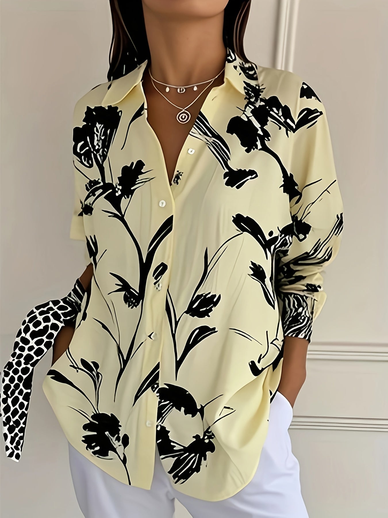 Selavynne - Blusa con Stampa Floreale a Maniche Lunghe