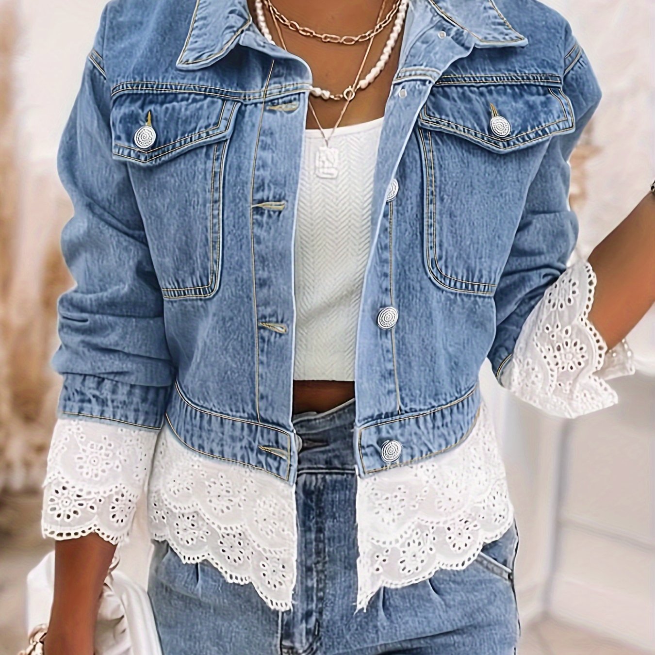 Ninthe™ | Giacca di Jeans con Dettagli Romantici in Pizzo