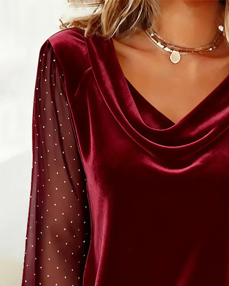 Lunavessia - Blusa Elegante con Collo Drappeggiato e Maniche Trasparenti