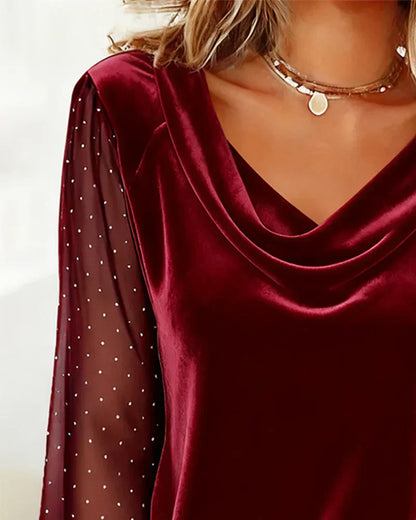 Lunavessia - Blusa Elegante con Collo Drappeggiato e Maniche Trasparenti