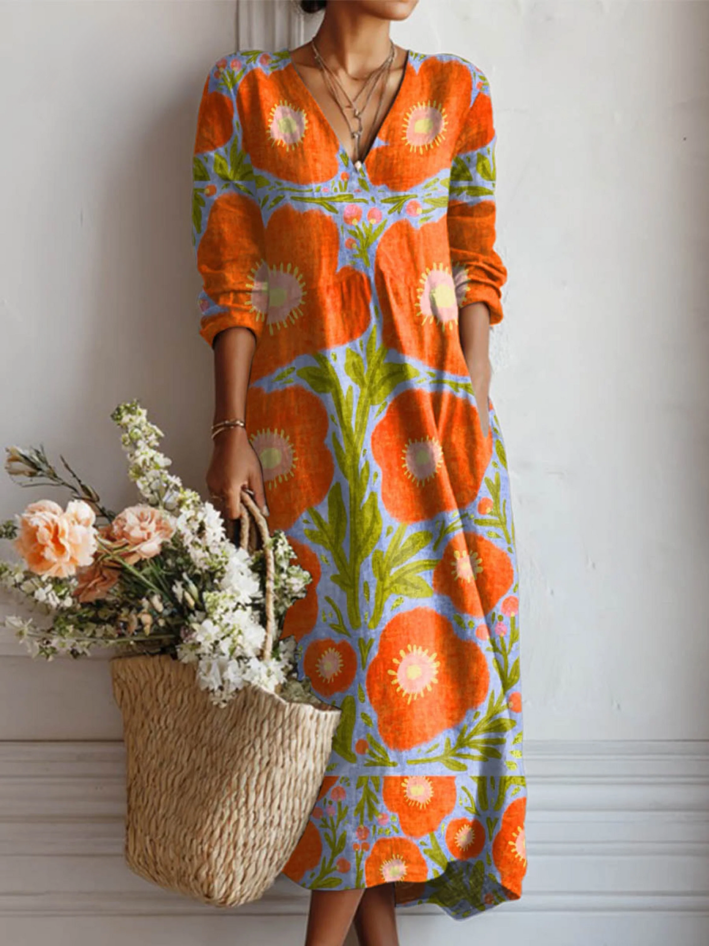 INVERNO – MAXI ABITO ARTISTICO CON SCOLLO A V E STAMPA FLOREALE