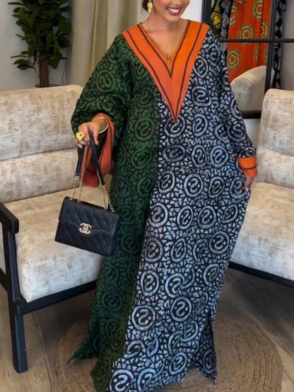 IMANI – ABITO MAXI KAFTANO V-NECK CON STAMPA AFRICANA