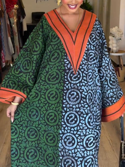 IMANI – ABITO MAXI KAFTANO V-NECK CON STAMPA AFRICANA