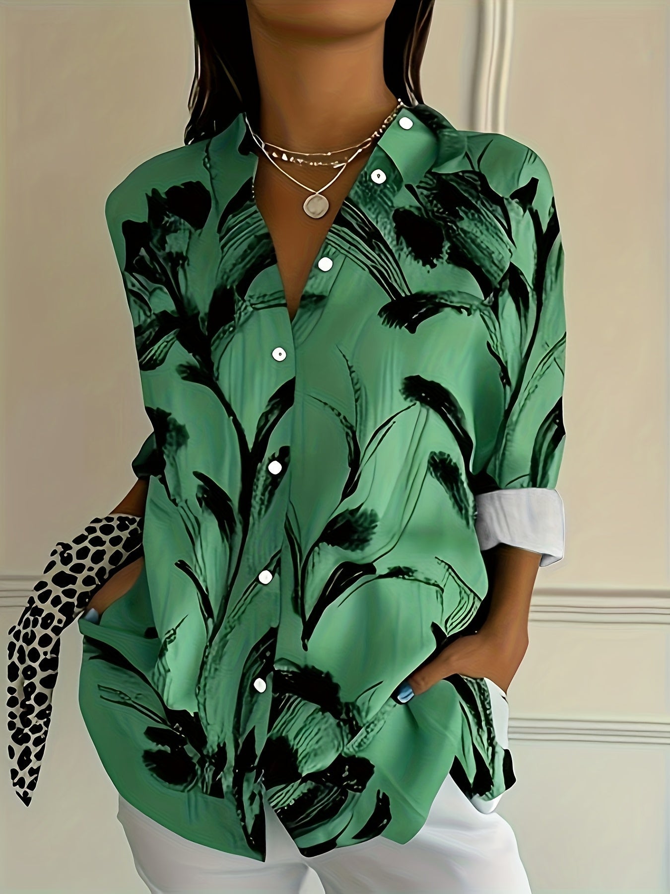 Selavynne - Blusa con Stampa Floreale a Maniche Lunghe