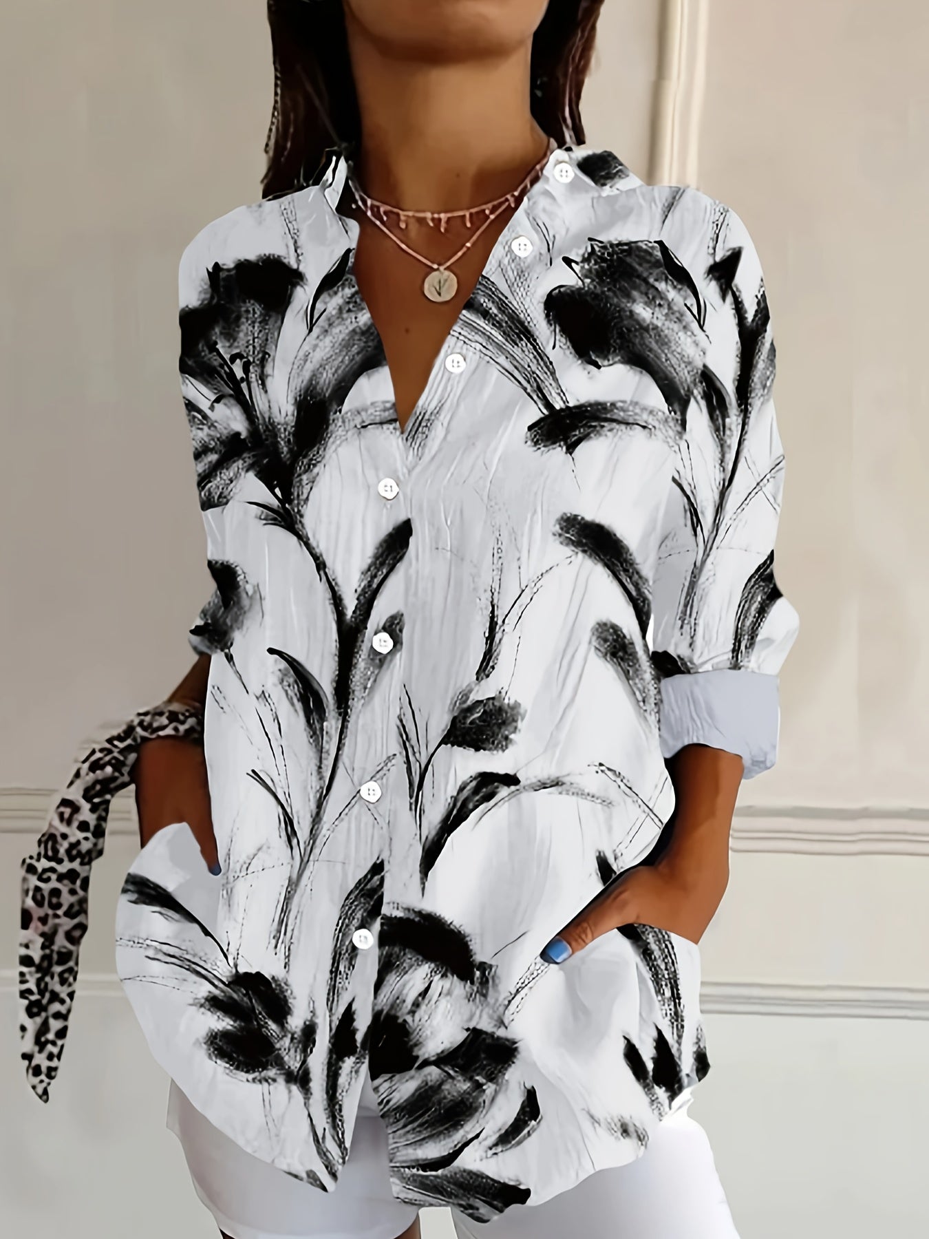 Selavynne - Blusa con Stampa Floreale a Maniche Lunghe