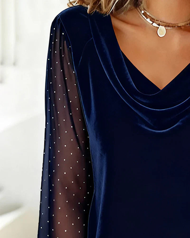 Lunavessia - Blusa Elegante con Collo Drappeggiato e Maniche Trasparenti