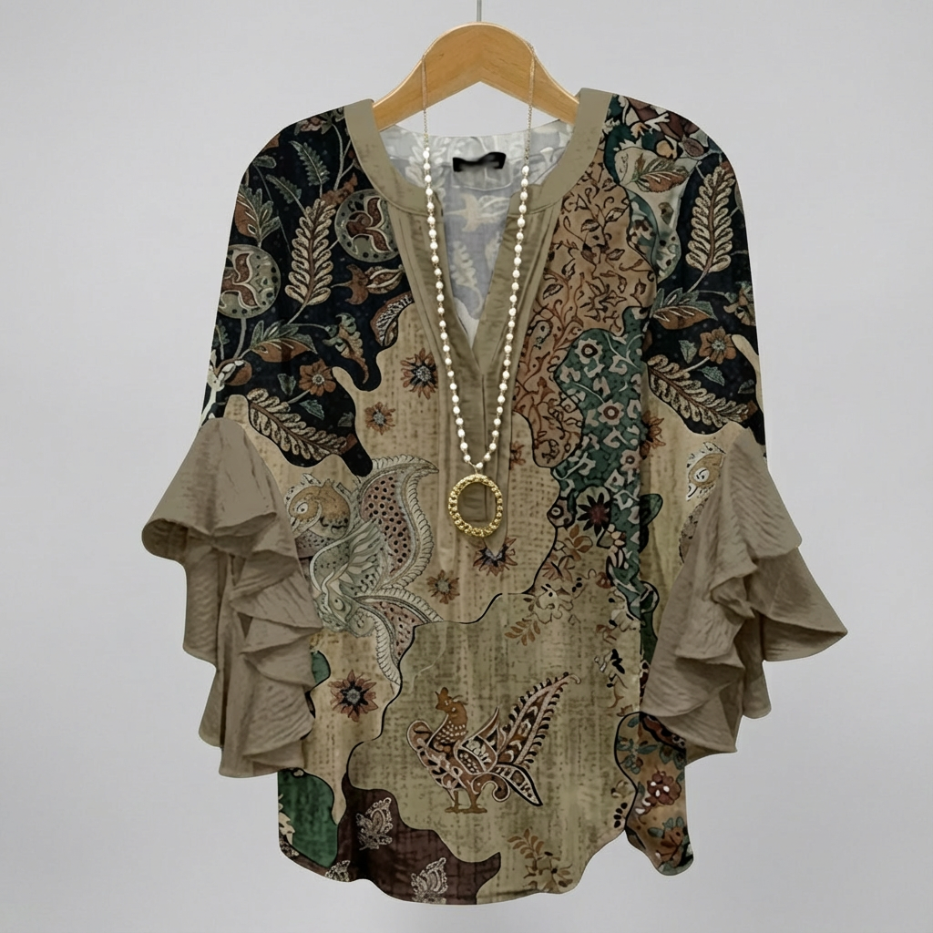 Faylissora – Elegante Blusa Larga con Scollatura a V e Stampa Artistica
