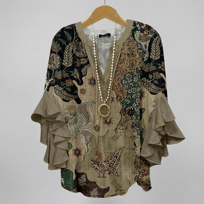 Faylissora – Elegante Blusa Larga con Scollatura a V e Stampa Artistica