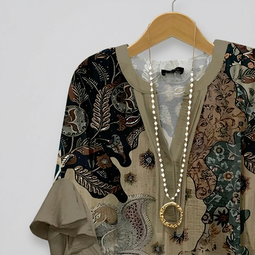 Faylissora – Elegante Blusa Larga con Scollatura a V e Stampa Artistica