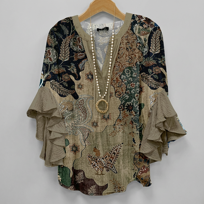 Faylissora – Elegante Blusa Larga con Scollatura a V e Stampa Artistica
