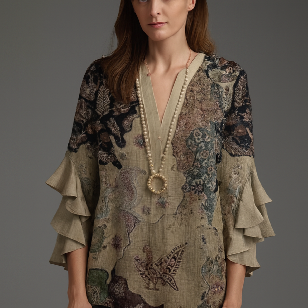 Faylissora – Elegante Blusa Larga con Scollatura a V e Stampa Artistica