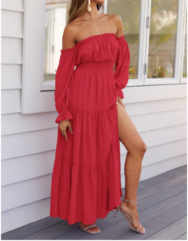 KENDRA – ABITO MAXI ROMANTICO OFF-SHOULDER
