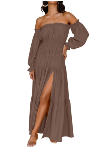 KENDRA – ABITO MAXI ROMANTICO OFF-SHOULDER